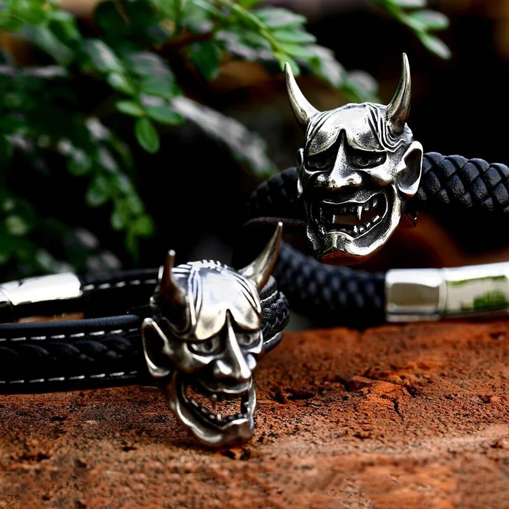 Samurai Oni Demon Bracelet for Men Gothic Punk Rock Biker Jewelry 316L Stainless Steel with Black Braided Leather