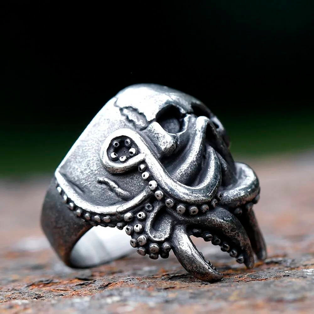 Goth Octopus Skull Ring - Stainless Steel Nautical Biker Jewelry for Men