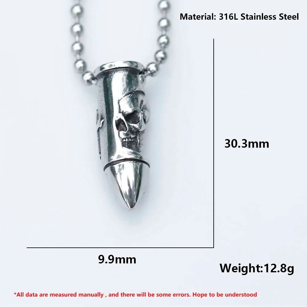 316L Stainless Steel Bullet Skull Pendant Necklace Gothic Biker Jewelry