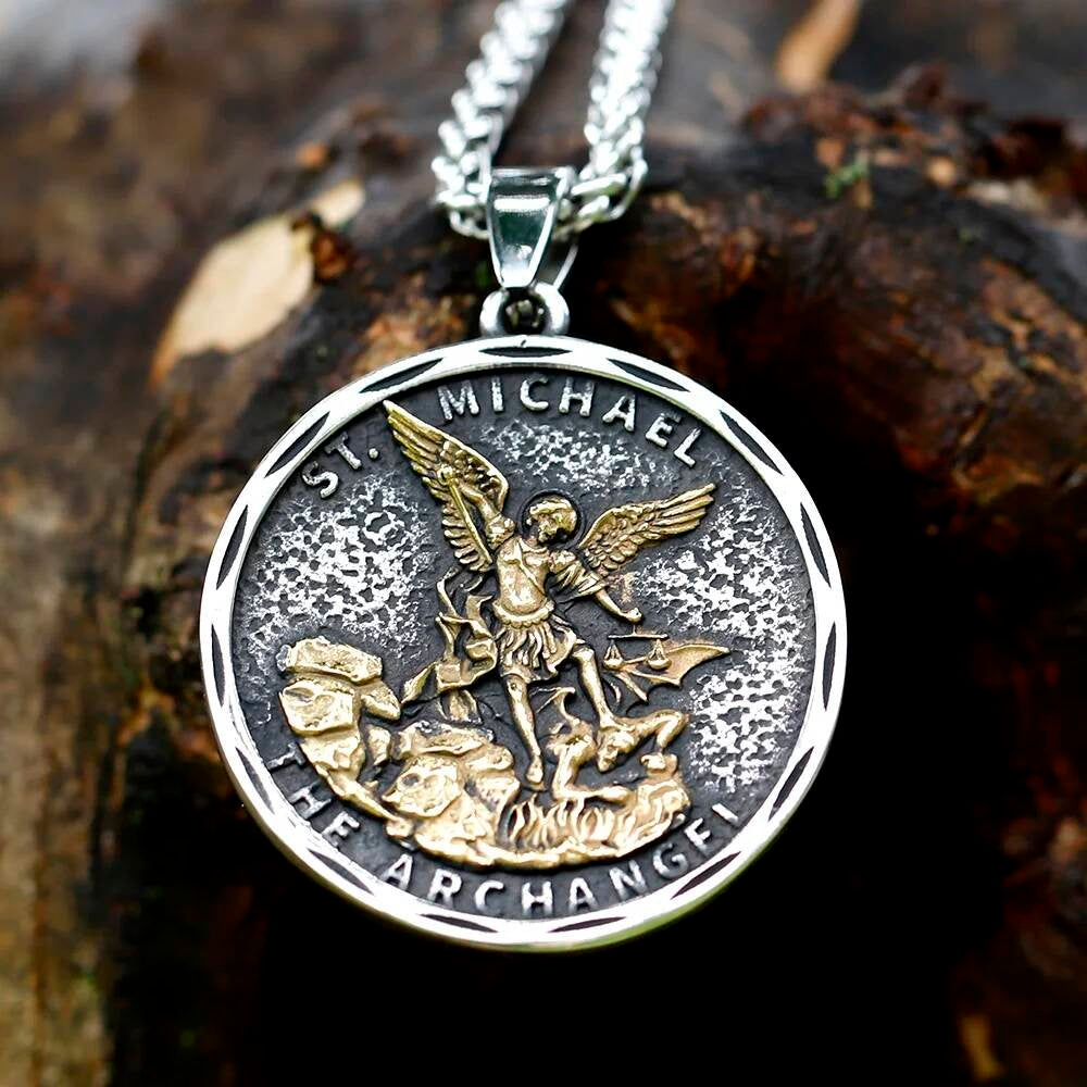 St. Michael Archangel Pendant Necklace – Two-Tone Religious Medal LP-781