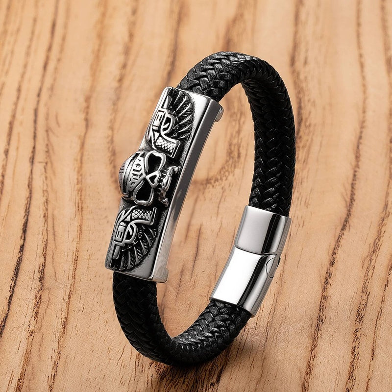 Men's Black Leather Skull Bracelet for Edgy Style Style-B