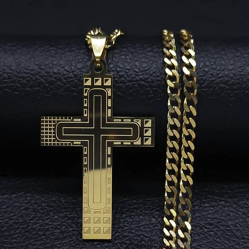 Stainless Steel Cross Pendant Necklace Chain For Men Jewelry Catholic Crucifixes Rosaries Accessories Gold