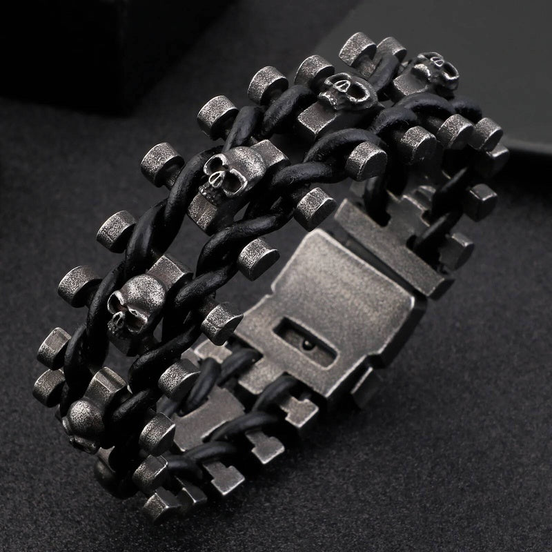 Stainless Steel 316L Skull Head Bracelet Men Pirate Viking Biker Jewelry With Black Genuine Leather