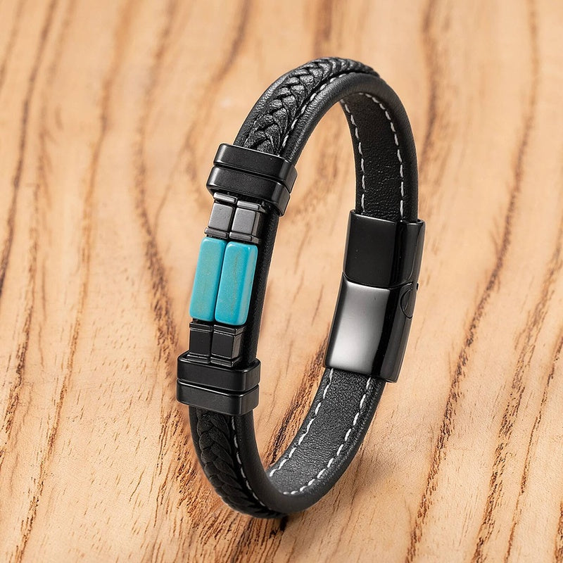 Vintage Woven Leather Rope For Men Personality Stone Bangles Bracelets Punk Stainless Steel Wristband Jewelry Gifts Style-K