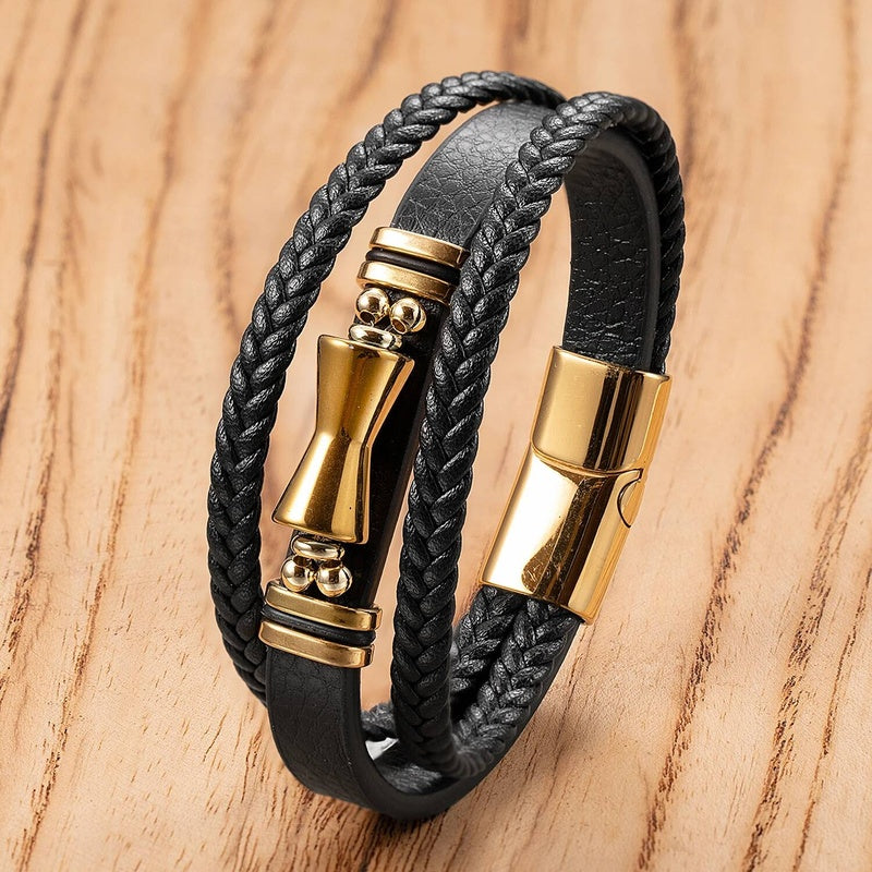 Black Braided Leather Bracelet with Green Jade Beads - Stylish Multi-Layer Magnetic Clasp Jewelry for Casual Wear and Gifts Gold-A