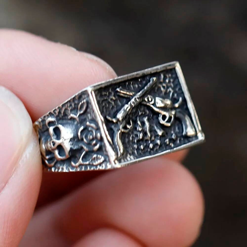 Pistol Skull Ring - Stainless Steel Gothic Punk Rock Jewelry for Teens