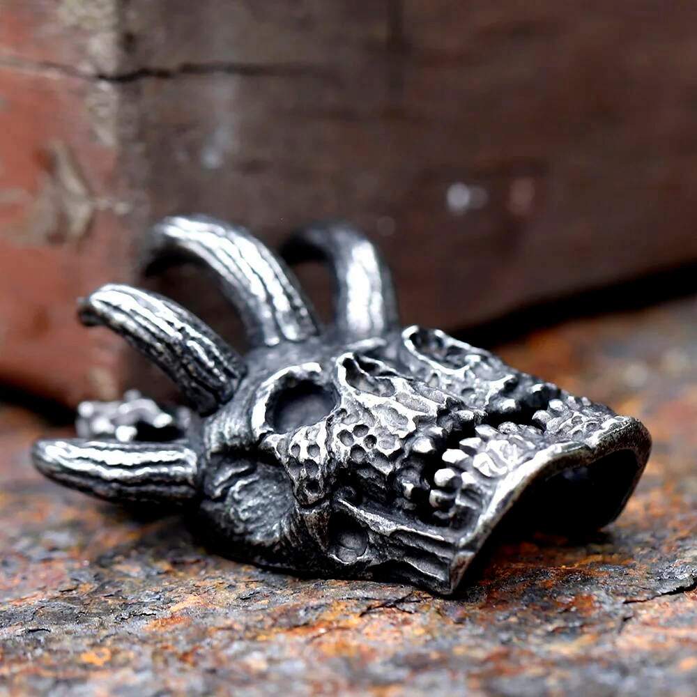 Demon Skull Pendant – Horned Gothic Stainless Steel Necklace