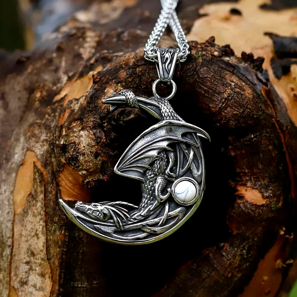 Men's 316L Stainless Steel Winged Dragon Moon Pendant Necklace
