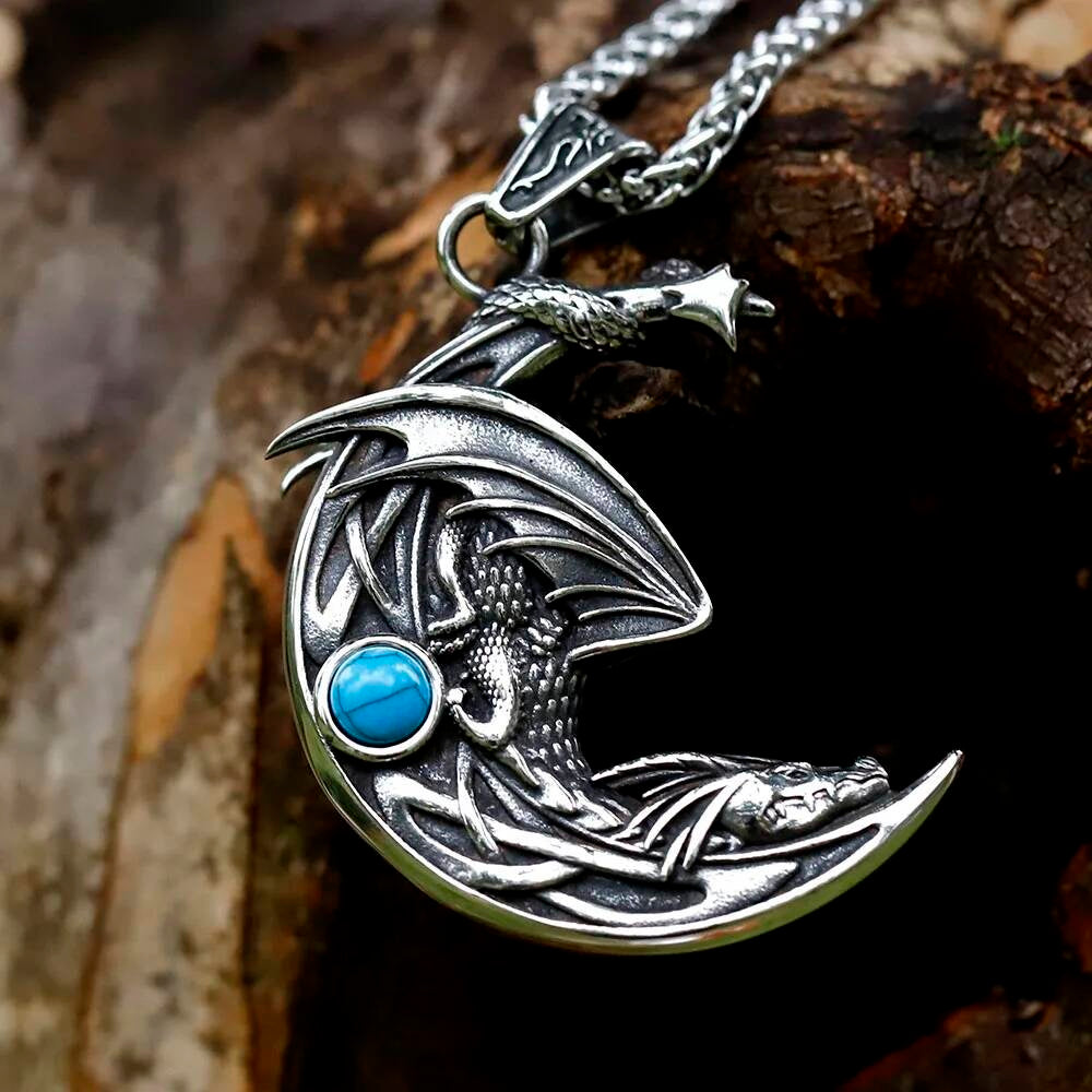 Men's 316L Stainless Steel Winged Dragon Moon Pendant Necklace