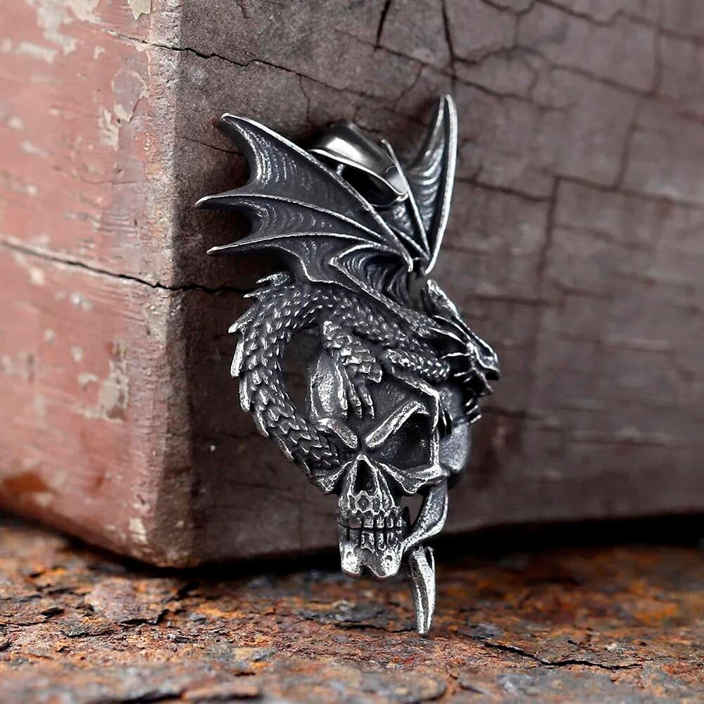Dragon and Skull Pendant Necklace, Silver Gothic Jewelry with Fierce Mythological Design