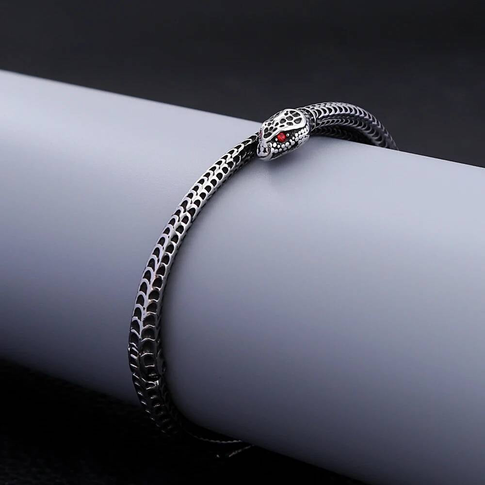 Snake Wrap Bracelet – Stainless Steel Serpent Bangle with Red Eyes