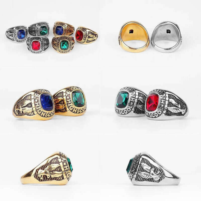 Rhinestone High School Ring - Stainless Steel Vintage Inspired Class Jewelry