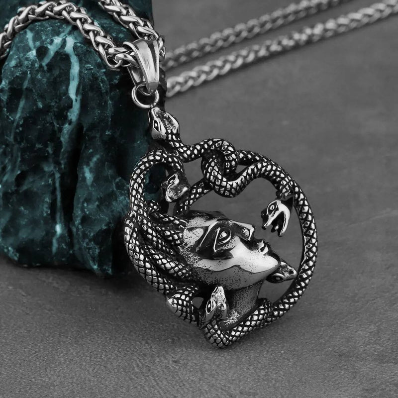 Medusa Pendant with Red Rhinestones – Greek Mythology Medallion Necklace