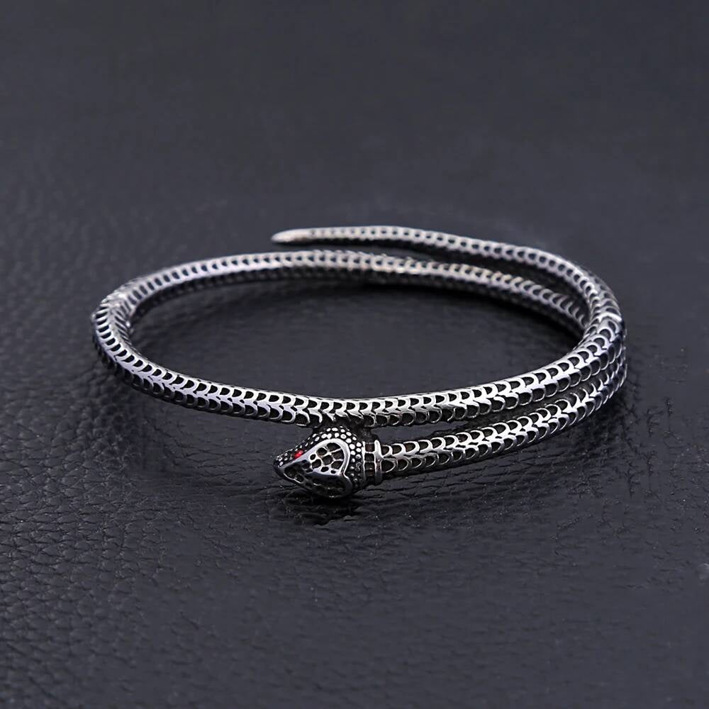 Snake Wrap Bracelet – Stainless Steel Serpent Bangle with Red Eyes