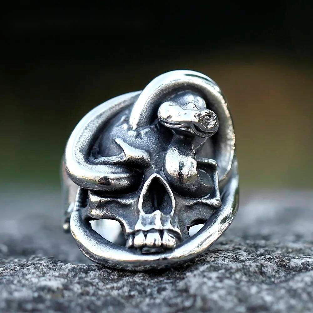 Snake Caarium Skull Ring - Gothic Stainless Steel Biker Punk Jewelry