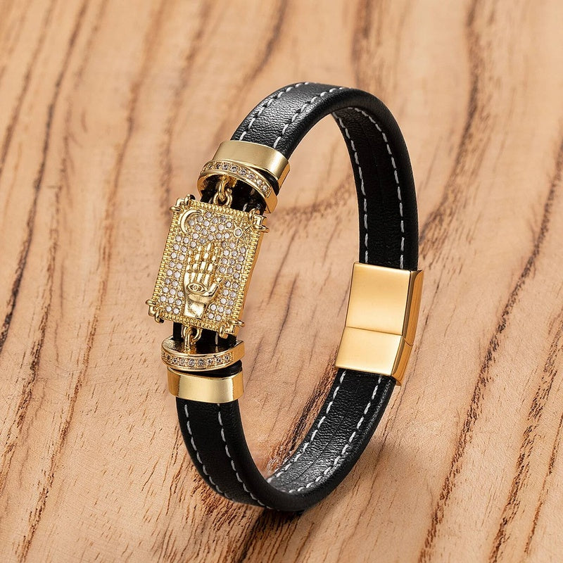 Black Braided Leather Bracelet with Green Jade Beads - Stylish Multi-Layer Magnetic Clasp Jewelry for Casual Wear and Gifts Style-G
