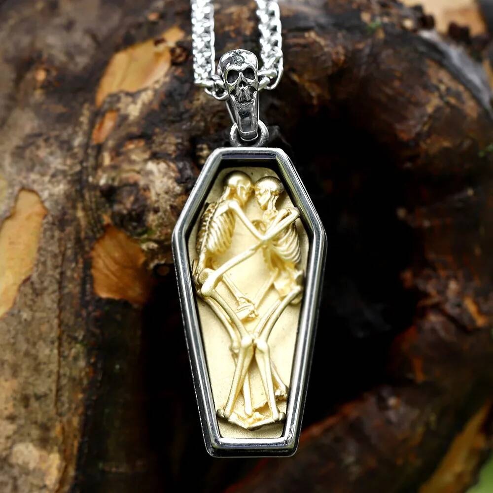 Skeletons in Coffin Pendant Necklace, Gothic Silver Jewelry with Death and Love Symbolism LP-725-gold CN