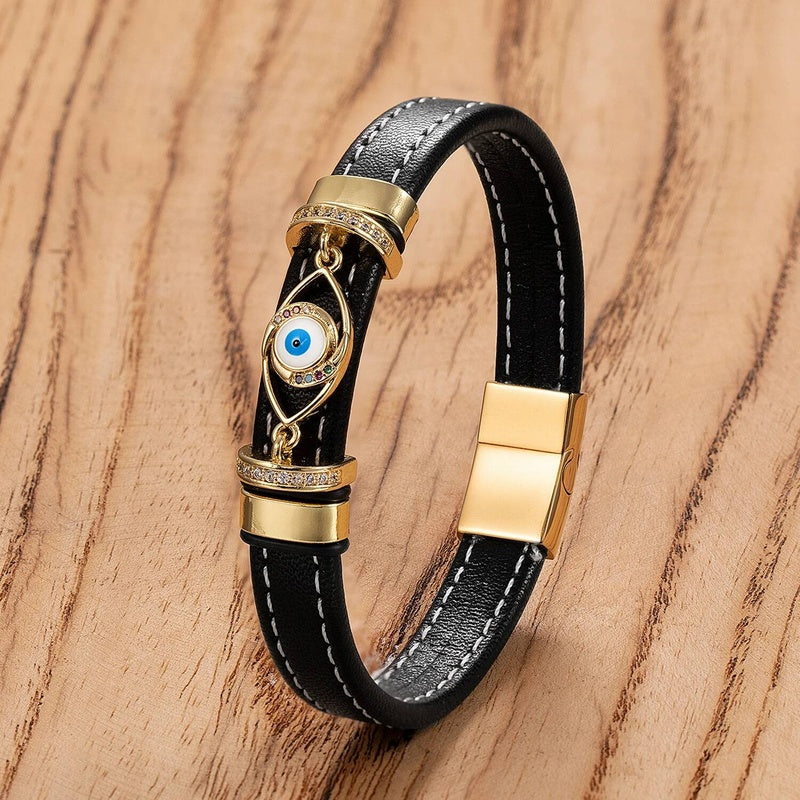 Woven Leather Turkish Blue Evil Eye Zircon Bracelet Punk Fashion Charm Valentines Day Gift Trend Female Jewelry Style-H