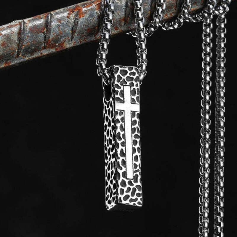 316L Stainless Steel Hammered Bar Cross Pendant Necklace