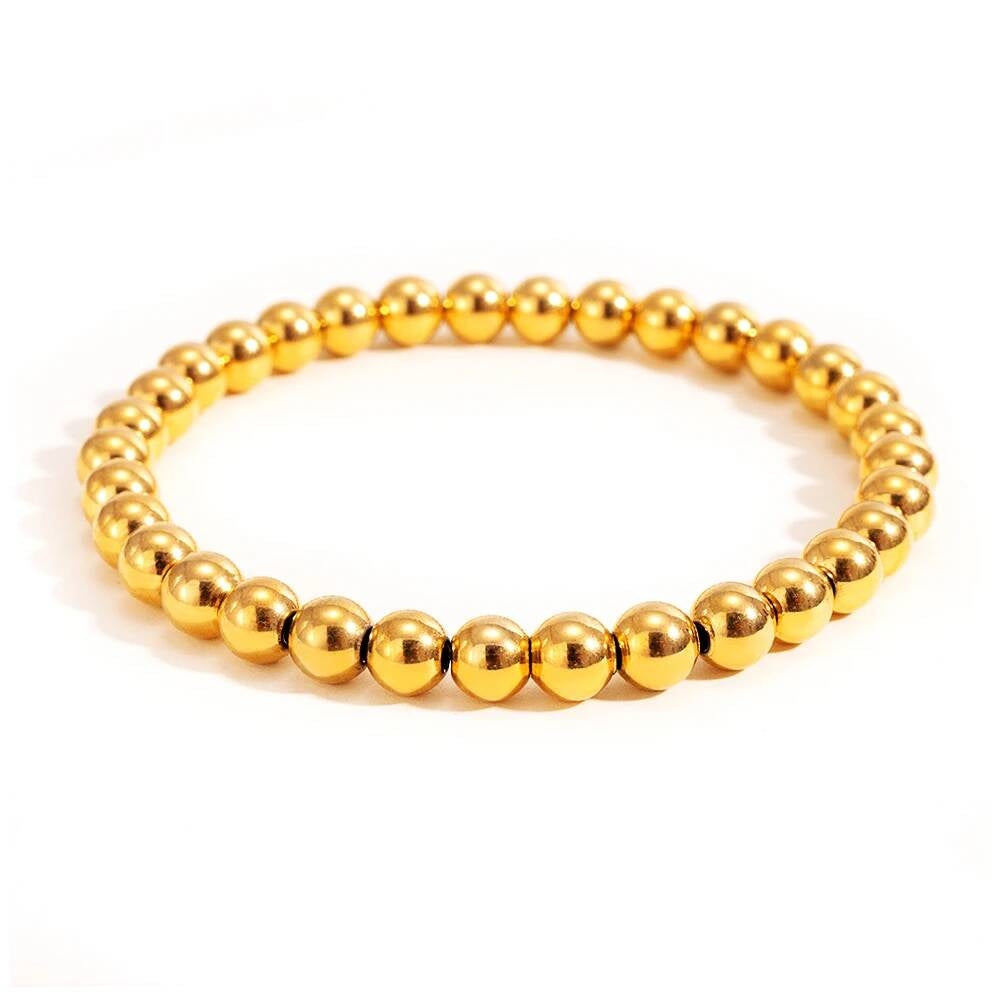Gold Bead Bracelet – 316L Stainless Steel Polished Ball Beads Elastic Wristband, Minimalist Unisex Jewelry 8mm(5cfb60) 22cm