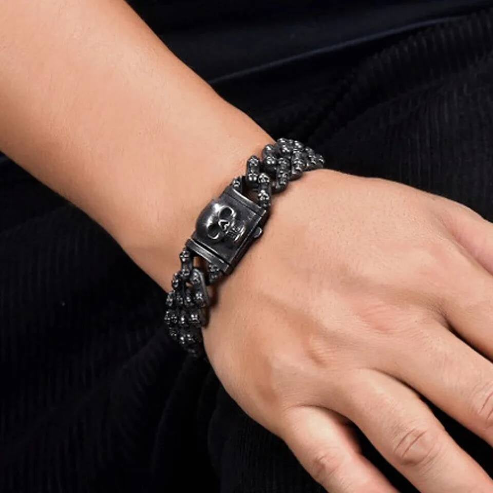 Black Skull Bracelet for Men Gothic Punk Rock Heavy Metal Chain Jewelry 316L Stainless Steel Biker Style