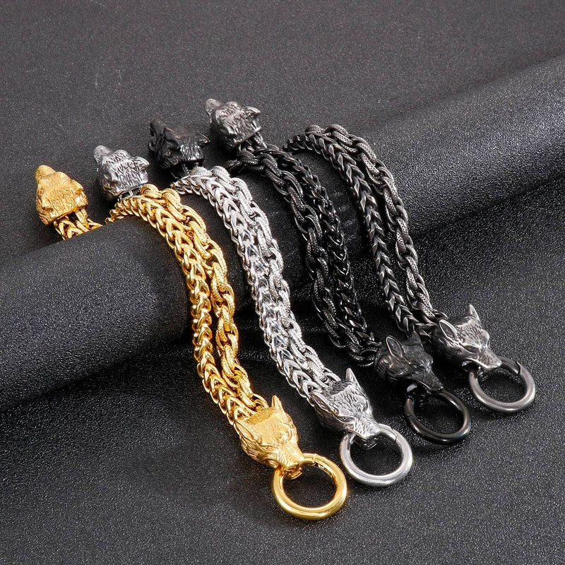 Multi-Color Wolf Bracelet Men Stainless Steel 316L Animal Head Bone Double Layer Chain Jewelry