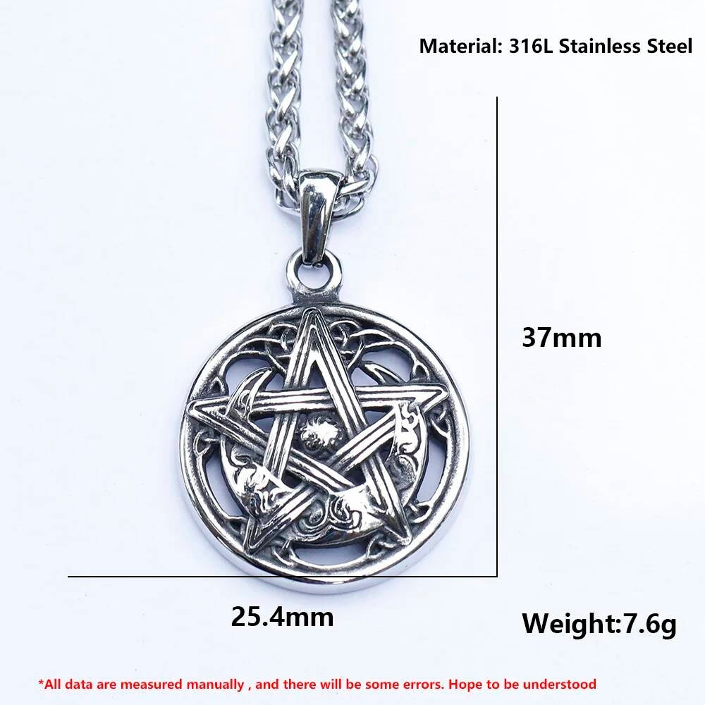 Celtic Pentagram Pendant Necklace - Silver Stainless Steel Wicca Jewelry with Intricate Design