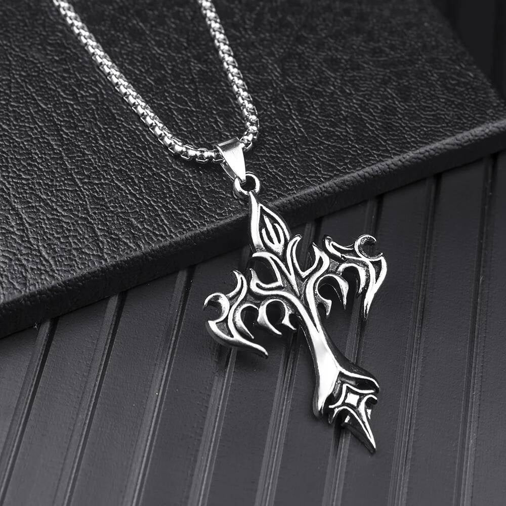 Vintage Flame Cross Pendant 60Cm Length Chain Necklace For Men Women Goth Jewelry Accessories