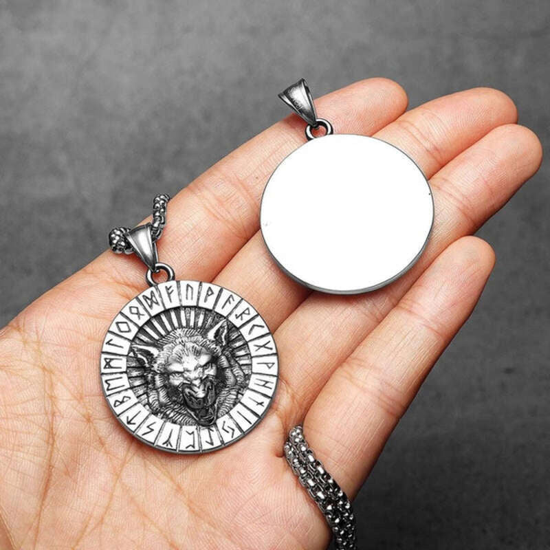 316L Stainless Steel Viking Wolf Rune Pendant Necklace – Norse Fenrir Amulet