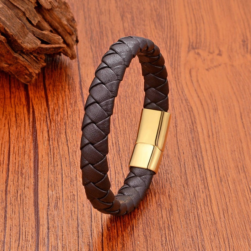 Men's Brown Leather Bracelet for Classic Gifts Gold Buckle-B