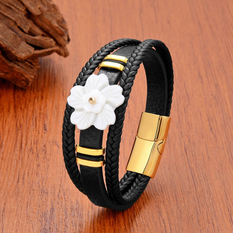 Black Braided Leather Bracelet with Green Jade Beads - Stylish Multi-Layer Magnetic Clasp Jewelry for Casual Wear and Gifts