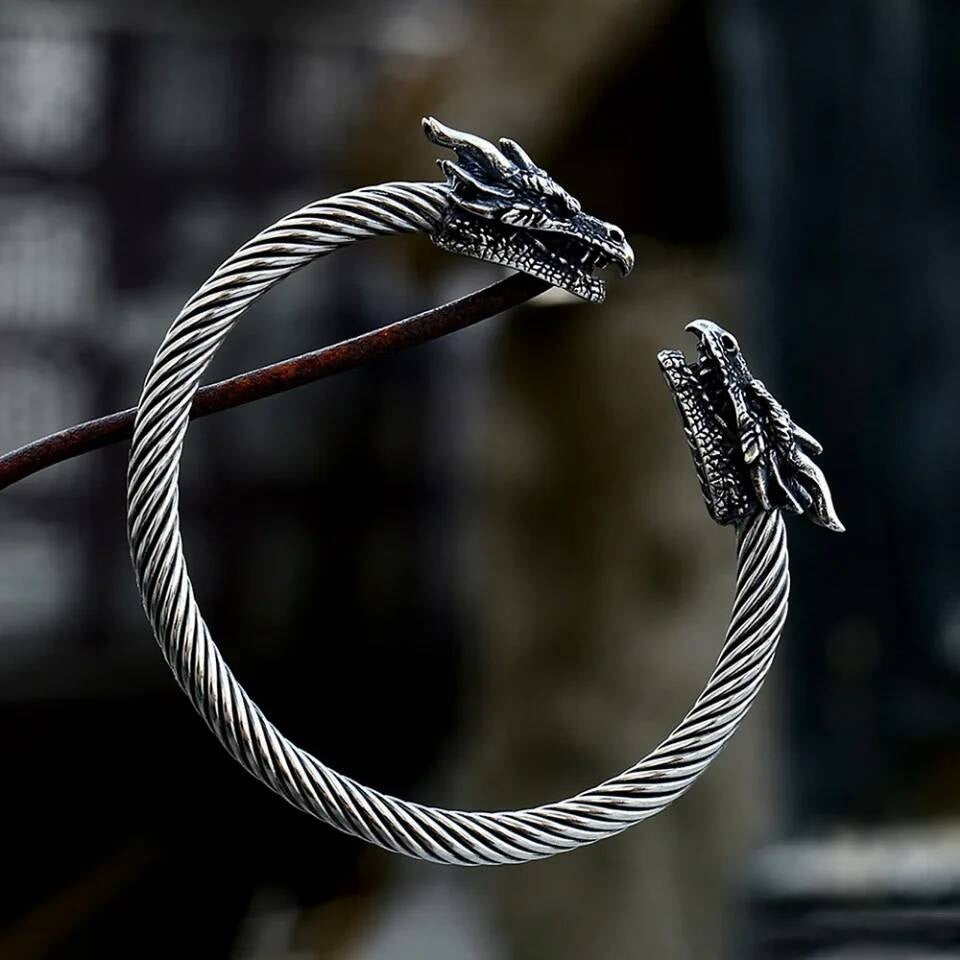 Double Dragon Head Twisted Bangle – Viking Norse Stainless Steel Bracelet