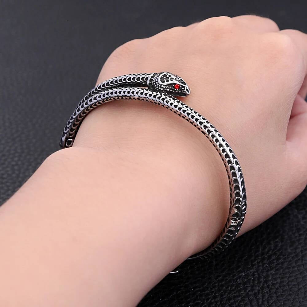 Snake Wrap Bracelet – Stainless Steel Serpent Bangle with Red Eyes