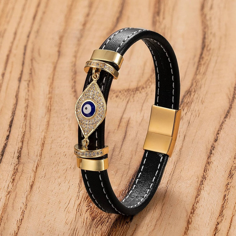 Woven Leather Turkish Blue Evil Eye Zircon Bracelet Punk Fashion Charm Valentines Day Gift Trend Female Jewelry Style-F