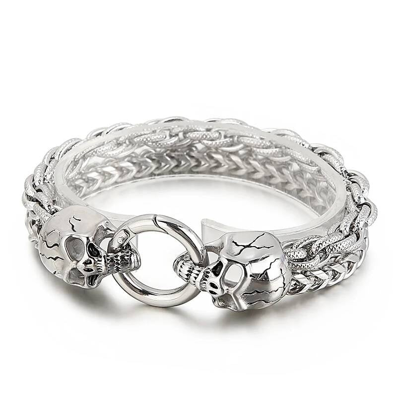 Punk Double Layer Chain Bracelet Men Stainless Steel Evil Skull Ghost Wristband Jewelry Steel Color 23cm