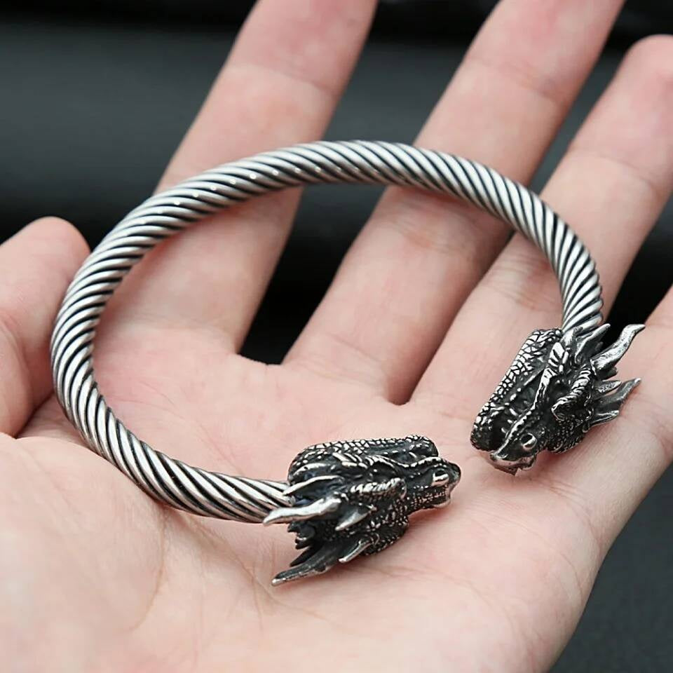 Double Dragon Head Twisted Bangle – Viking Norse Stainless Steel Bracelet