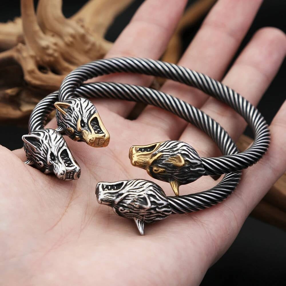 Viking Wolf Head Cuff Bracelet – Twisted Steel Norse Armring