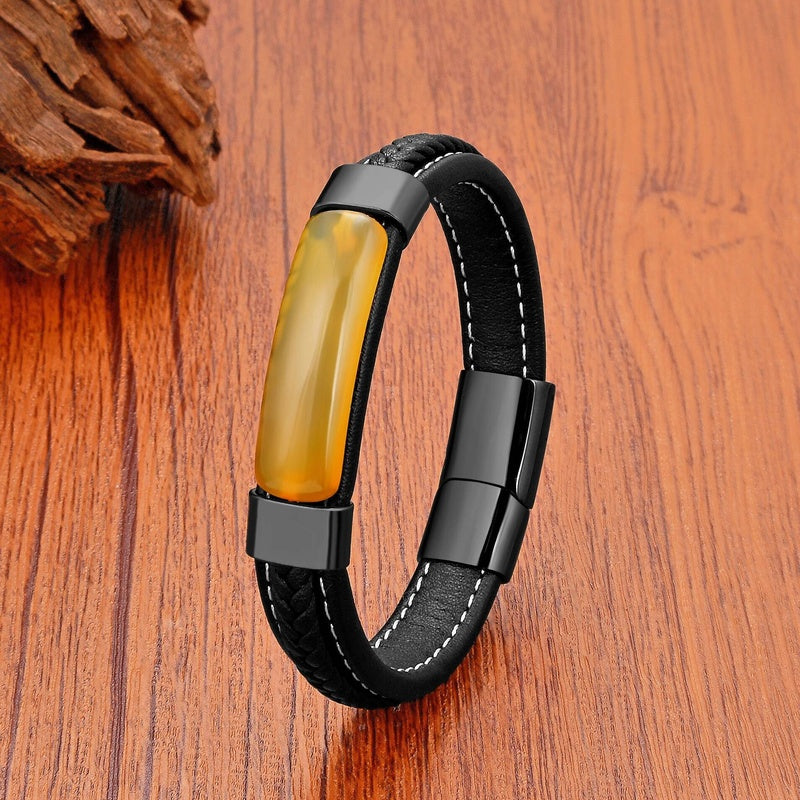 Black Braided Leather Bracelet with Green Jade Beads - Stylish Multi-Layer Magnetic Clasp Jewelry for Casual Wear and Gifts Yellow
