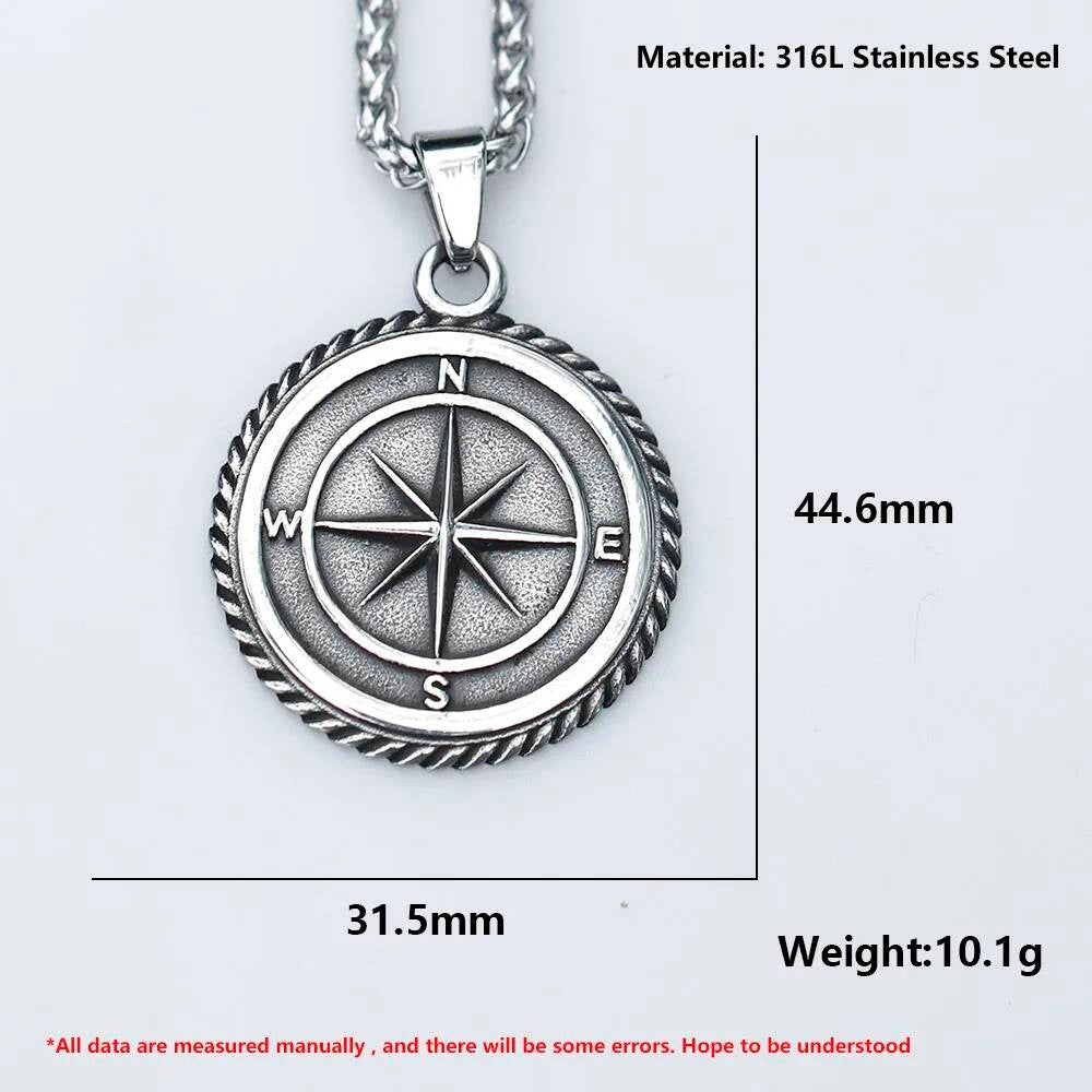 Men's 316L Stainless Steel Compass Wheel Necklace Vintage Nautical Gift