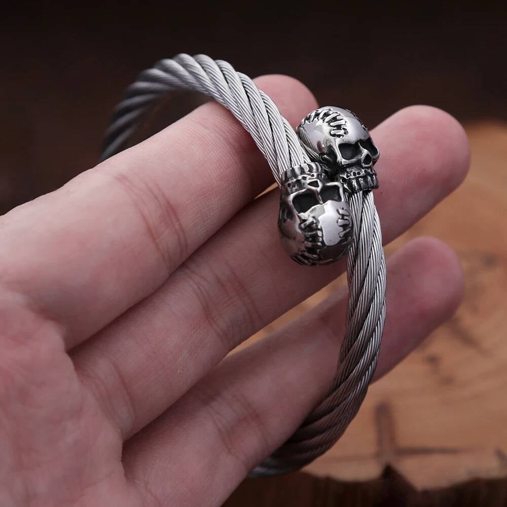 Twisted Cable Skull Cuff Bracelet for Men Gothic Punk Rock Biker Jewelry 316L Stainless Steel Open Bangle