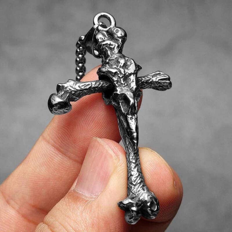Skeletal Cross Pendant Necklace, Bold Gothic Religious Jewelry with Bone-Inspired Design
