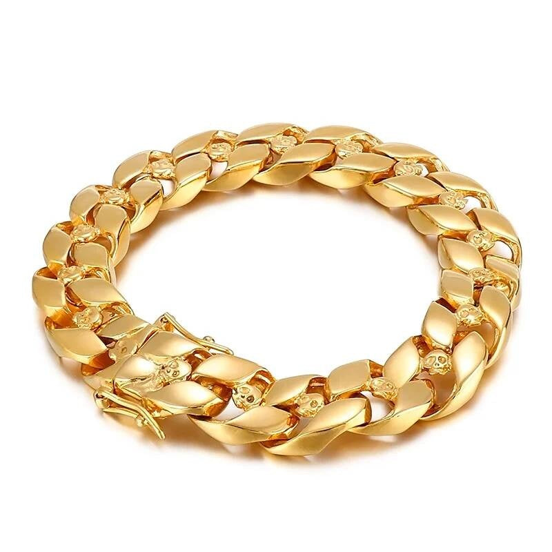 Cuban Link Chain With Skull Charm Bracelet Men Punk Jewelry Gold Color