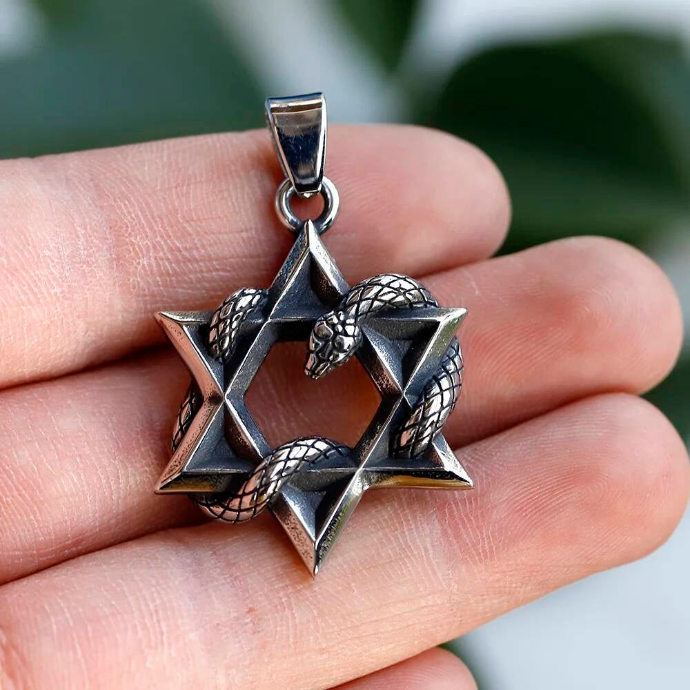 Hexagram Snake Pendant – Stainless Steel Occult Star Necklace
