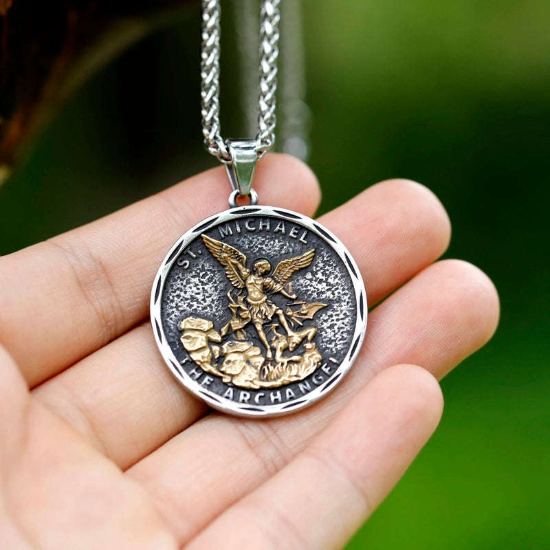 Men's 316L Stainless Steel Archangel Shield Pendant Necklace