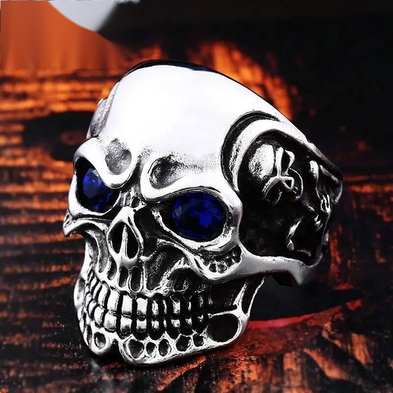 Skull Ring with Gold Skeleton Detail – Stainless Steel Gothic Jewelry red and blue eye