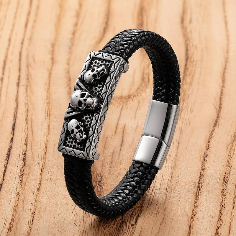 Men's Black Leather Skull Bracelet for Edgy Style Style-C