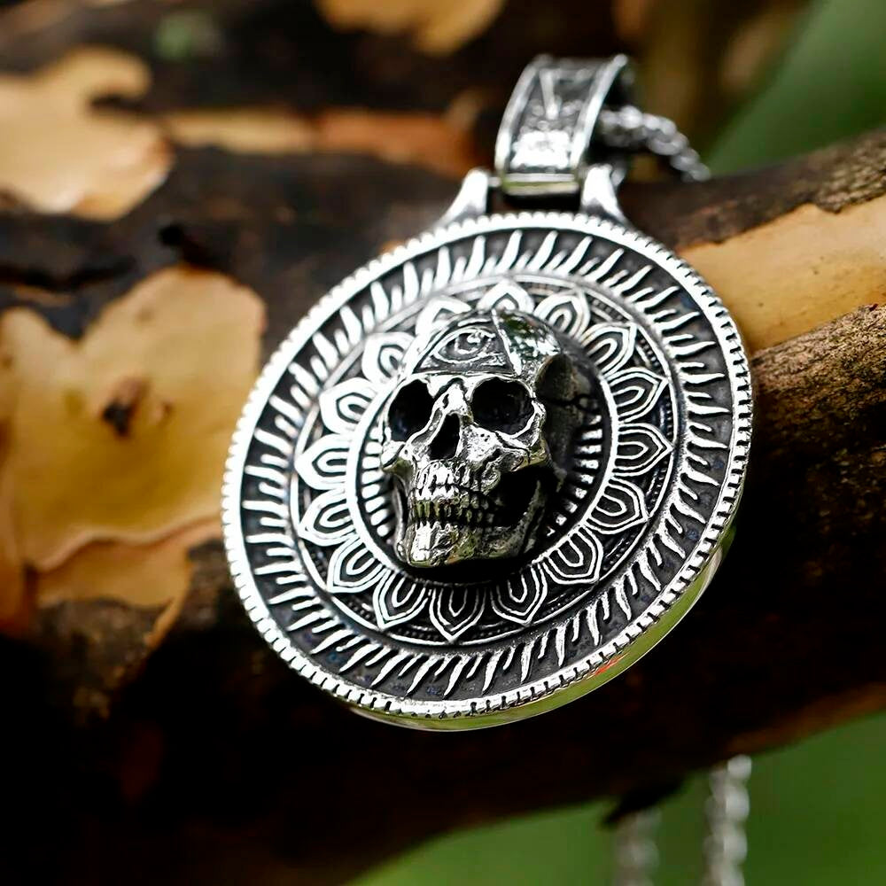 Skull with Eye Pendant Necklace, Silver Gothic Jewelry with Intricate Mandala Design