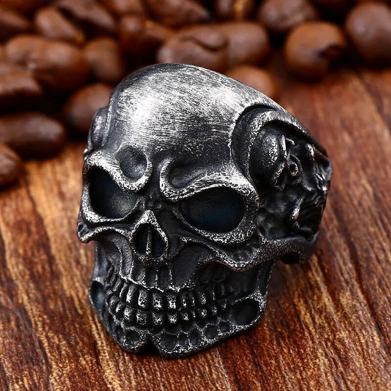 Skull Ring with Gold Skeleton Detail – Stainless Steel Gothic Jewelry BR8-535