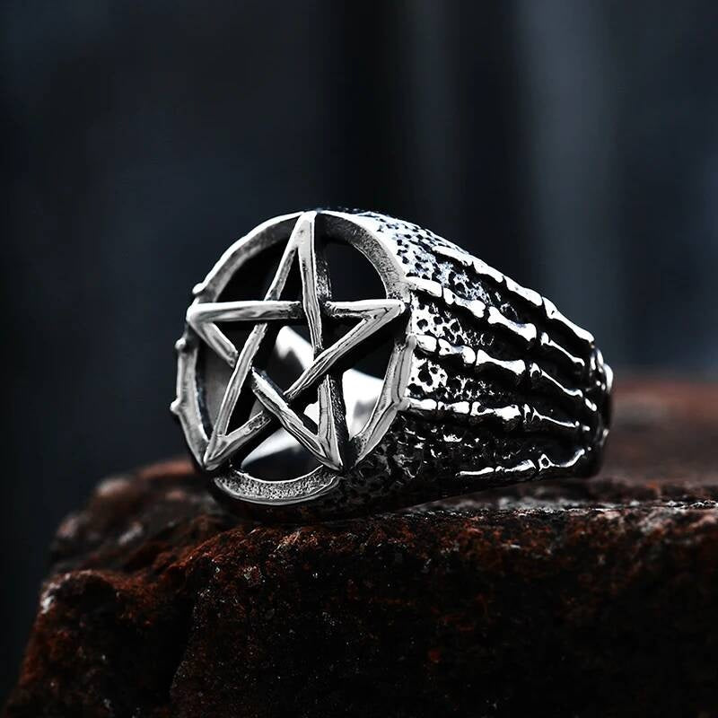 316L Stainless Steel Pentagram Ring Gothic Skull Biker Jewelry