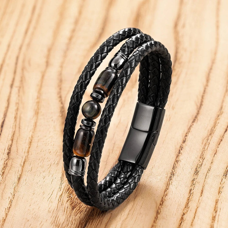 Black Braided Leather Bracelet with Green Jade Beads - Stylish Multi-Layer Magnetic Clasp Jewelry for Casual Wear and Gifts Style-D